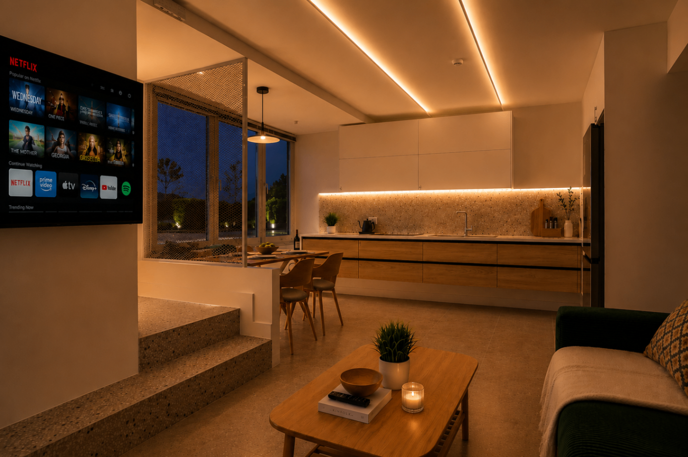 Niriis Suite 3 kitchen and living area at night with ambient lighting