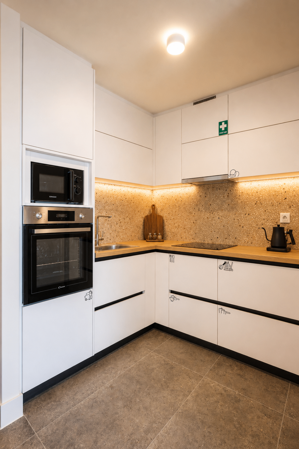 Niriis Suite 2 minimalist kitchen with terrazzo backsplash