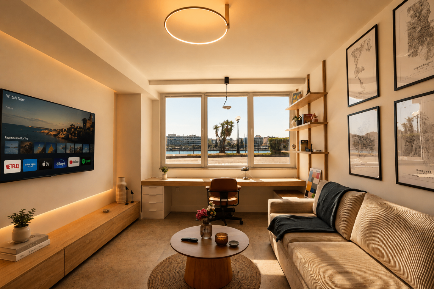 Niriis Suite 2 front living view with large window and workspace