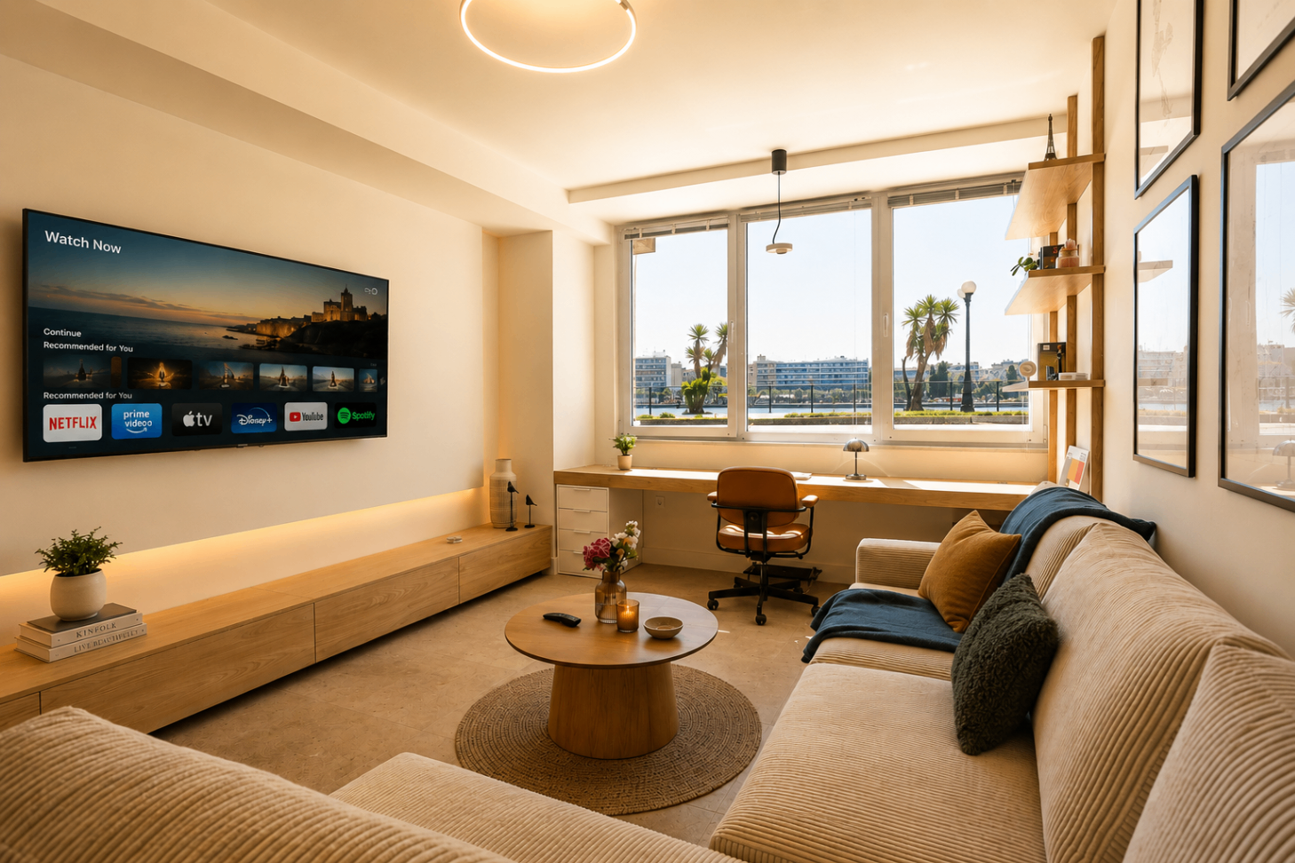 Niriis Suite 2 living room with sofa, TV wall, and waterfront desk
