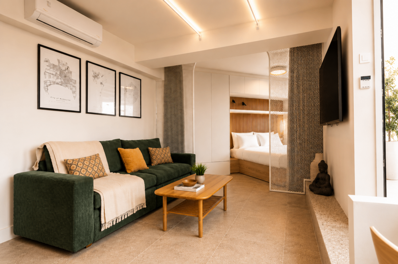 Niriis Suite 3 lounge with green sofa, warm lighting, and bedroom view