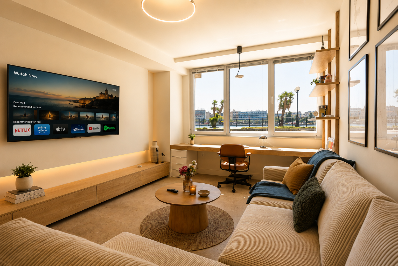 Sunlit living area with sea view at Niriis Suites in Chalkida