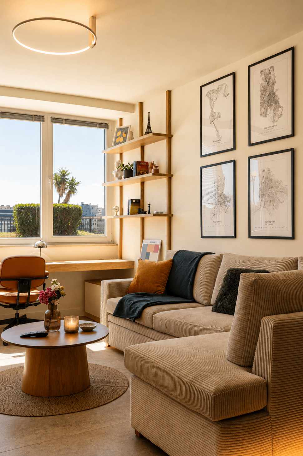 Niriis Suite 2 sofa corner, shelving, and desk by the window